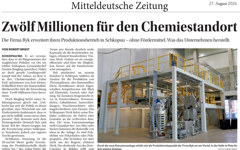 Zeitungsausschnitt: Zwölf Millionen für den Chemiestandort